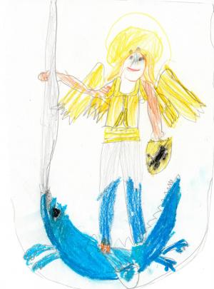 Zeichnung Superheld mit blauen Fisch