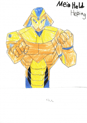 Zeichnung gelb blauer Superheld mit starken Oberkörperbau