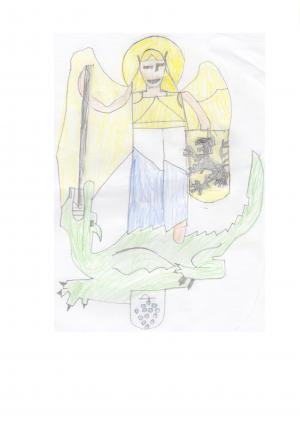 Zeichnung mit gelben Engel und einem grünen Krokkodil